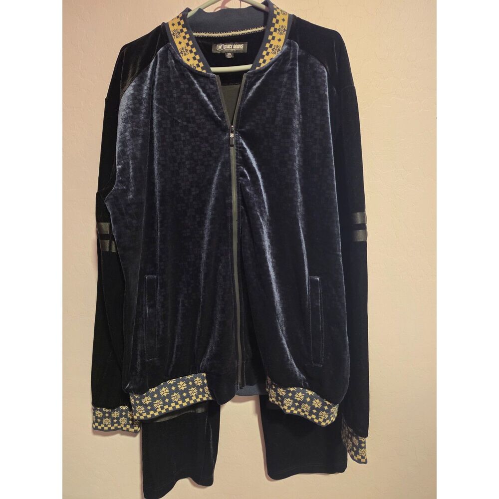 Stacy Adams Mens XXL Velour Tracksuit 2 Pc Navy Black Gold Full Zip Jacket Pants